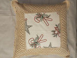 Christmas Candy‑Cane & Star Embroidered Cushion Cover with Beige Crocheted Border