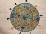 Jaipur Turquoise Embroidered Round Cushion Cover with Multicolour Tassels & Zari Floral Design