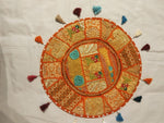 Vibrant Jaipur Orange Embroidered Round Cushion Cover with Gold Zari & Multicolor Tassels