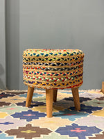 Handwoven Multicolor Jute Ottoman Stool with Wooden Legs