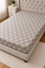 Elegant Grey‑Cream Floral King‑Size Fitted Bedsheet