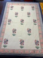 Elegant Floral Block‑Printed Cotton Table Cover with Blue Border