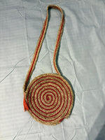 Red‑Stripe Jute Spiral Sling Bag