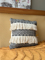 BLACK & IVORY TRIBAL FRINGE PILLOW COVER