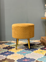 Golden Quilted Velvet Ottoman Stool with Metal Legs