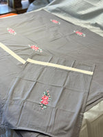 Grey Elegance: Embroidered Pink Rose Bedsheet with Lace Trim