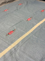 Elegant Grey Bedsheet with Pink Rose Embroidery & Cream Lace Trim