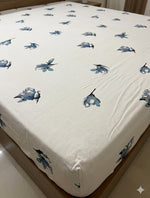 White King‑Size Fitted Bedsheet with Blue Butterfly Print
