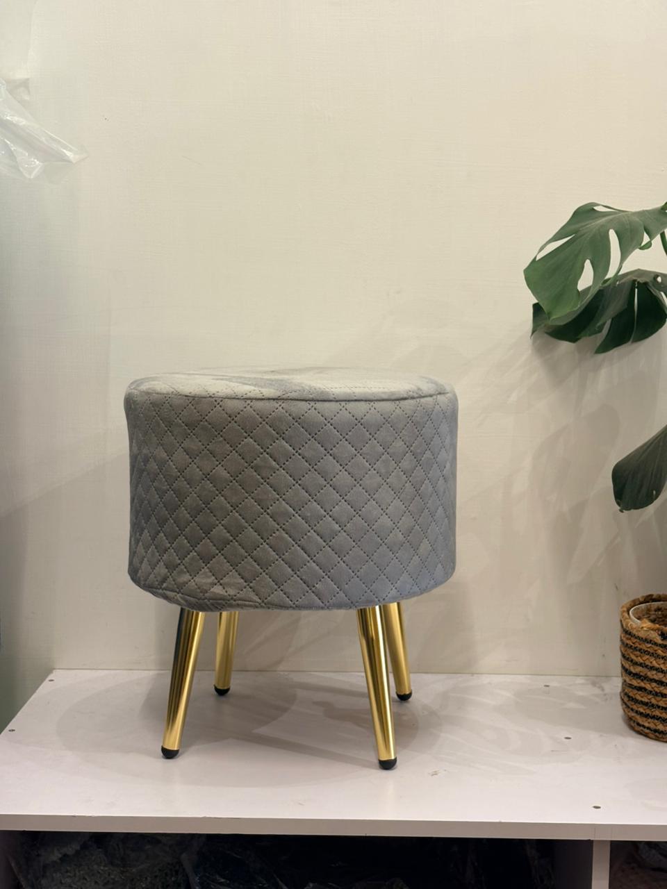 Grey Quilted Velvet Ottoman with Gold‑Leg Finish