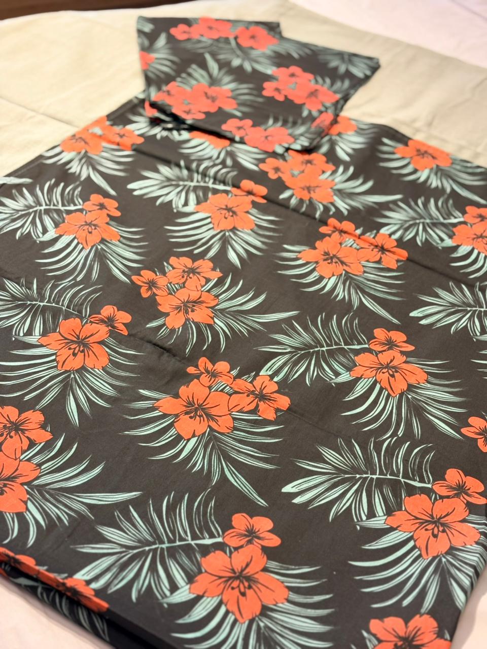 TROPICAL BLACK WTH RED HIBISCUS BORDER BEDSHEET
