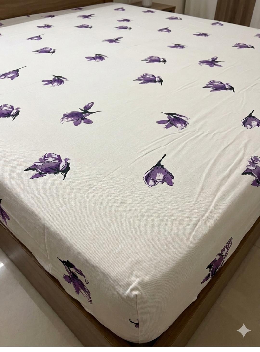 Elegant Purple Flower Printed White Fitted Bedsheet