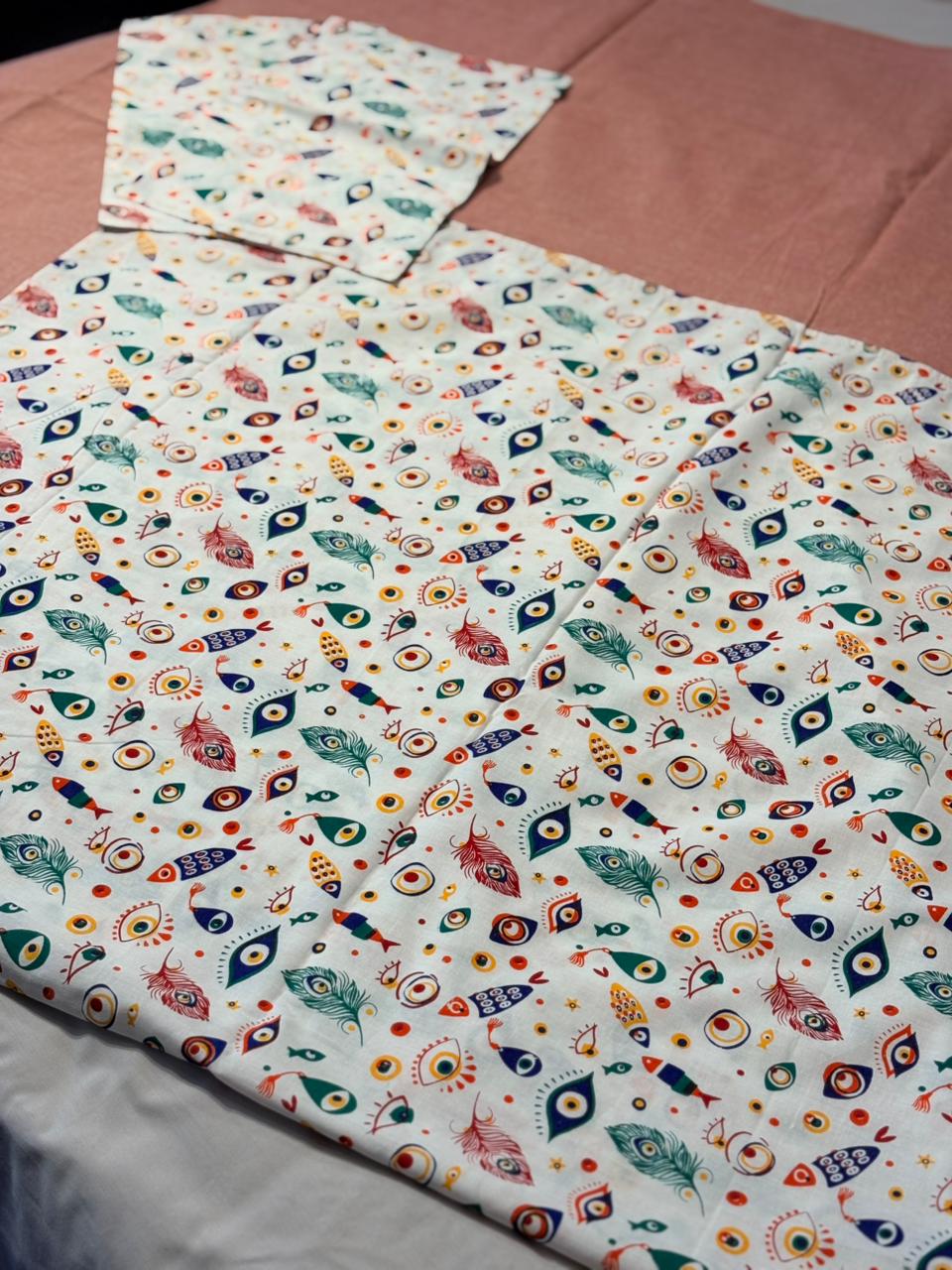 PINK BASE & WHITE PEACOCK FEATHER AND EYE _ BORDER BEDSHEET