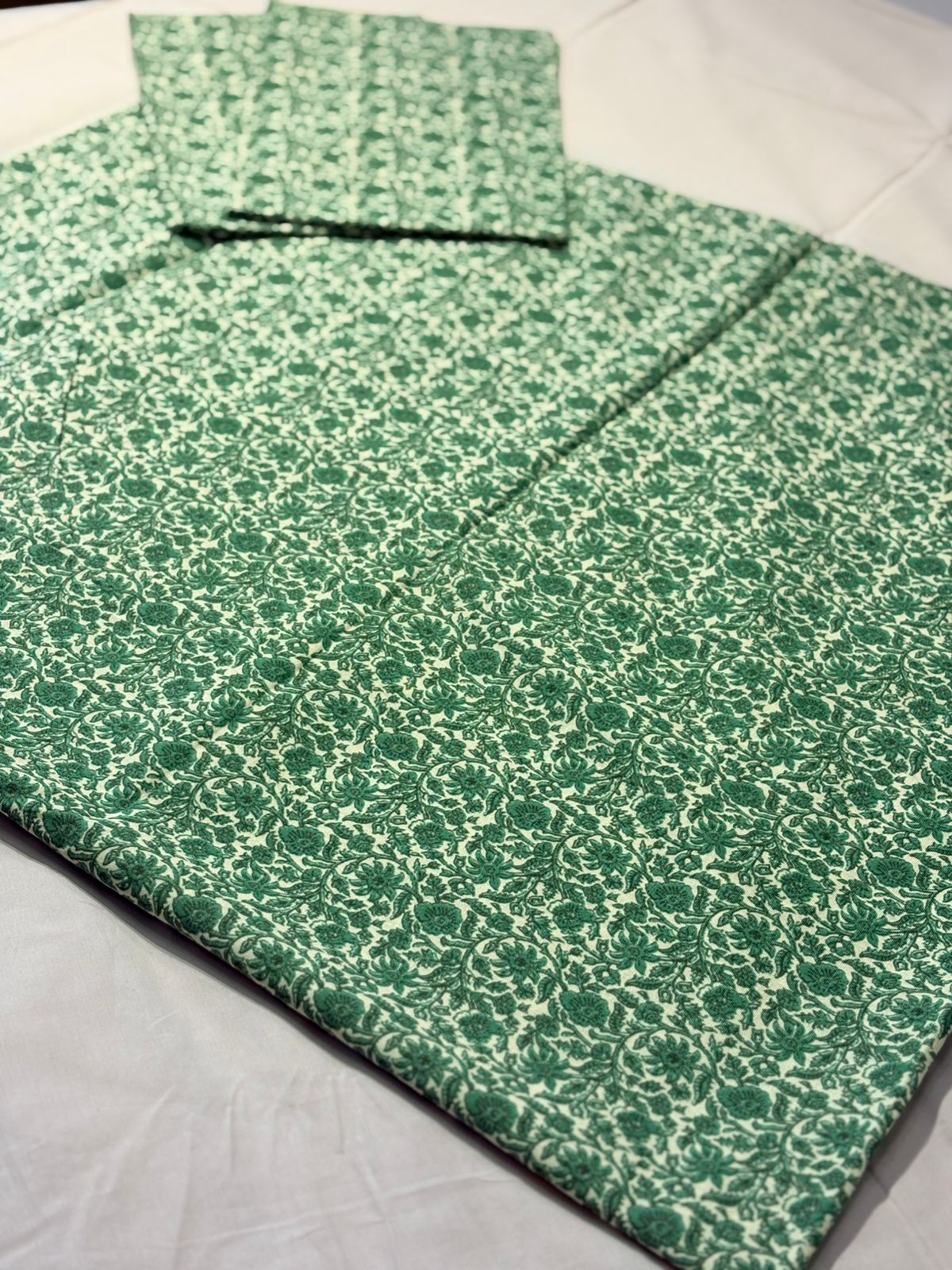 WHITE BORDERED GREEN FLORAL PATCHWORK BEDSHEET