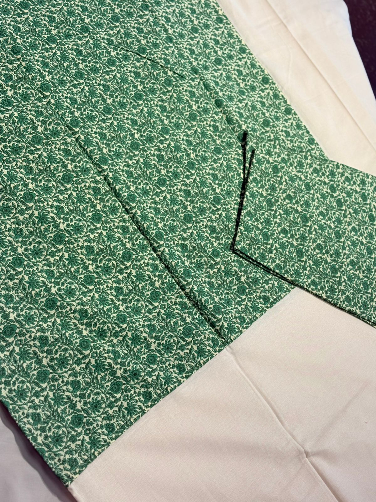 WHITE BORDERED GREEN FLORAL PATCHWORK BEDSHEET