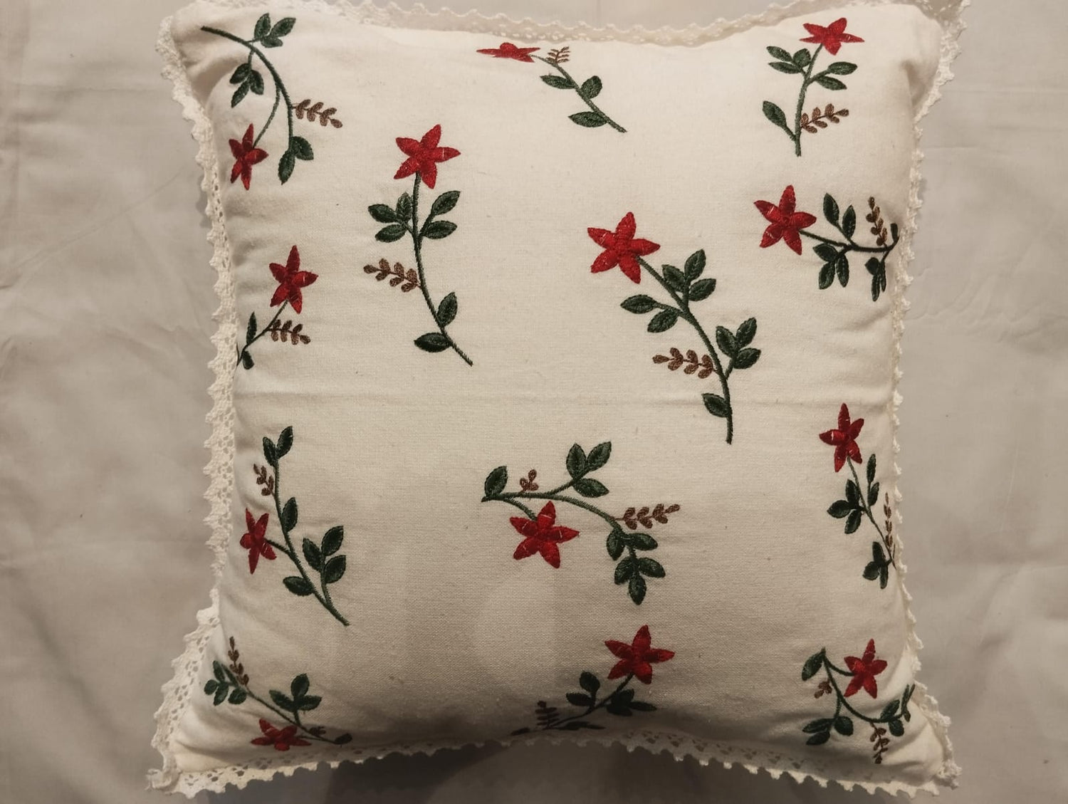 SCARLET BLOSSOM EMBROIDERED CUSHION COVER