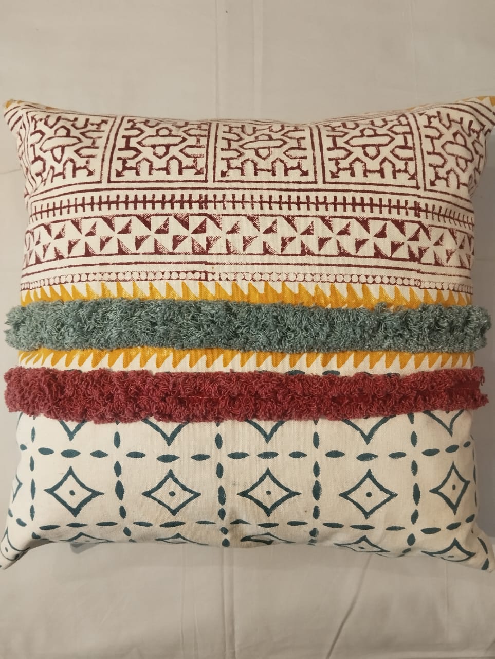 HAND BLOCK PRINT & MULTI COLOUR TUFTRD CUSHION COVER