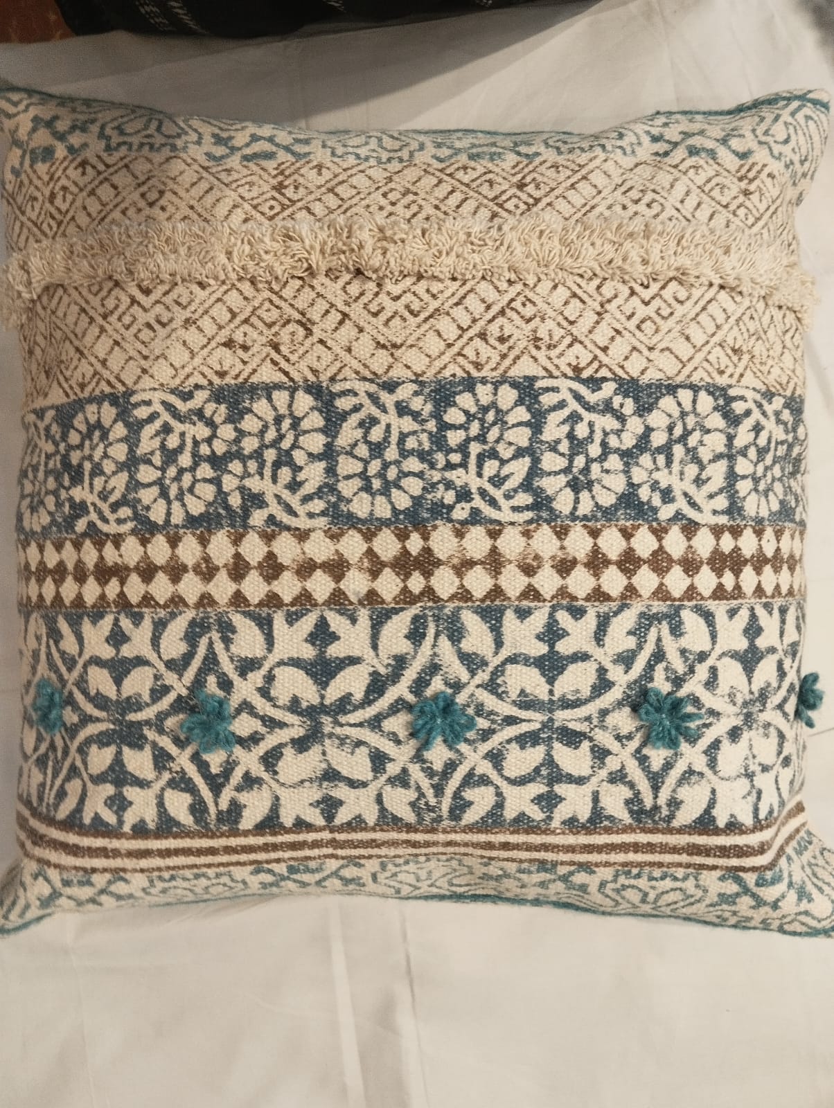ETHNIC TRIBAL BLUE & BROWN FLORAL CUSHION COVER