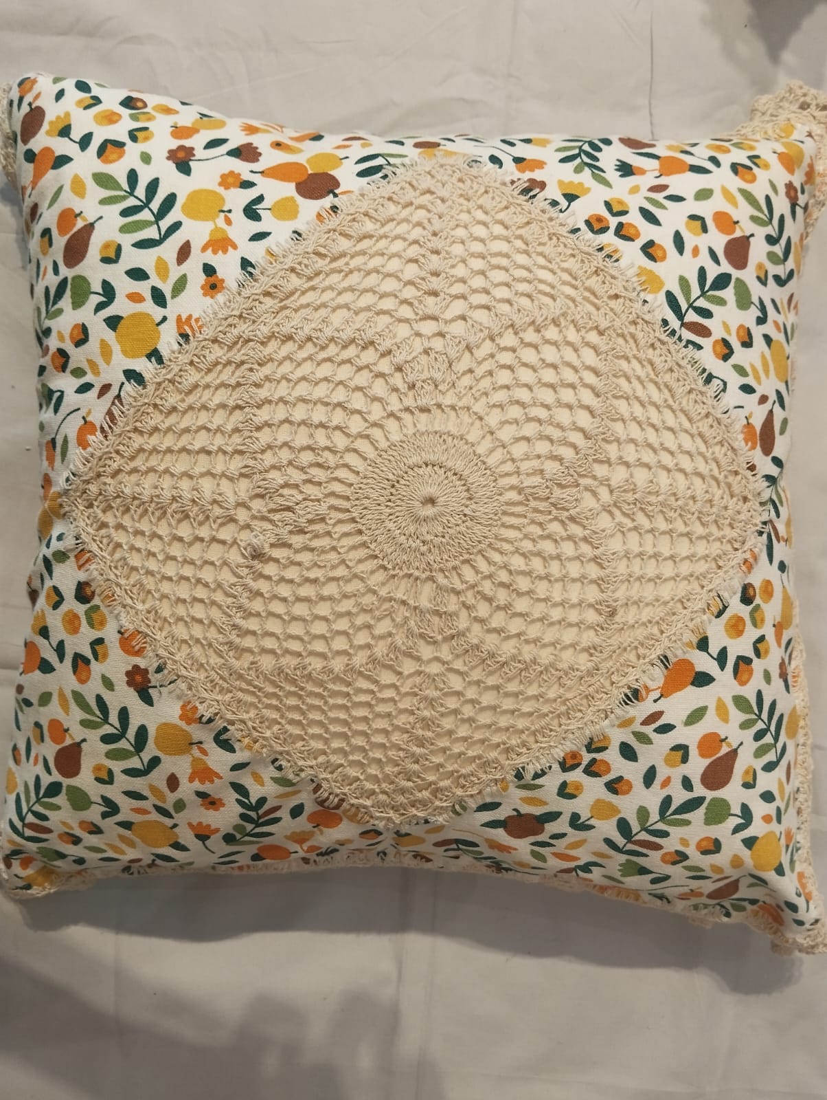 Fruit‑Blossom Linen Cushion with Crochet Cente