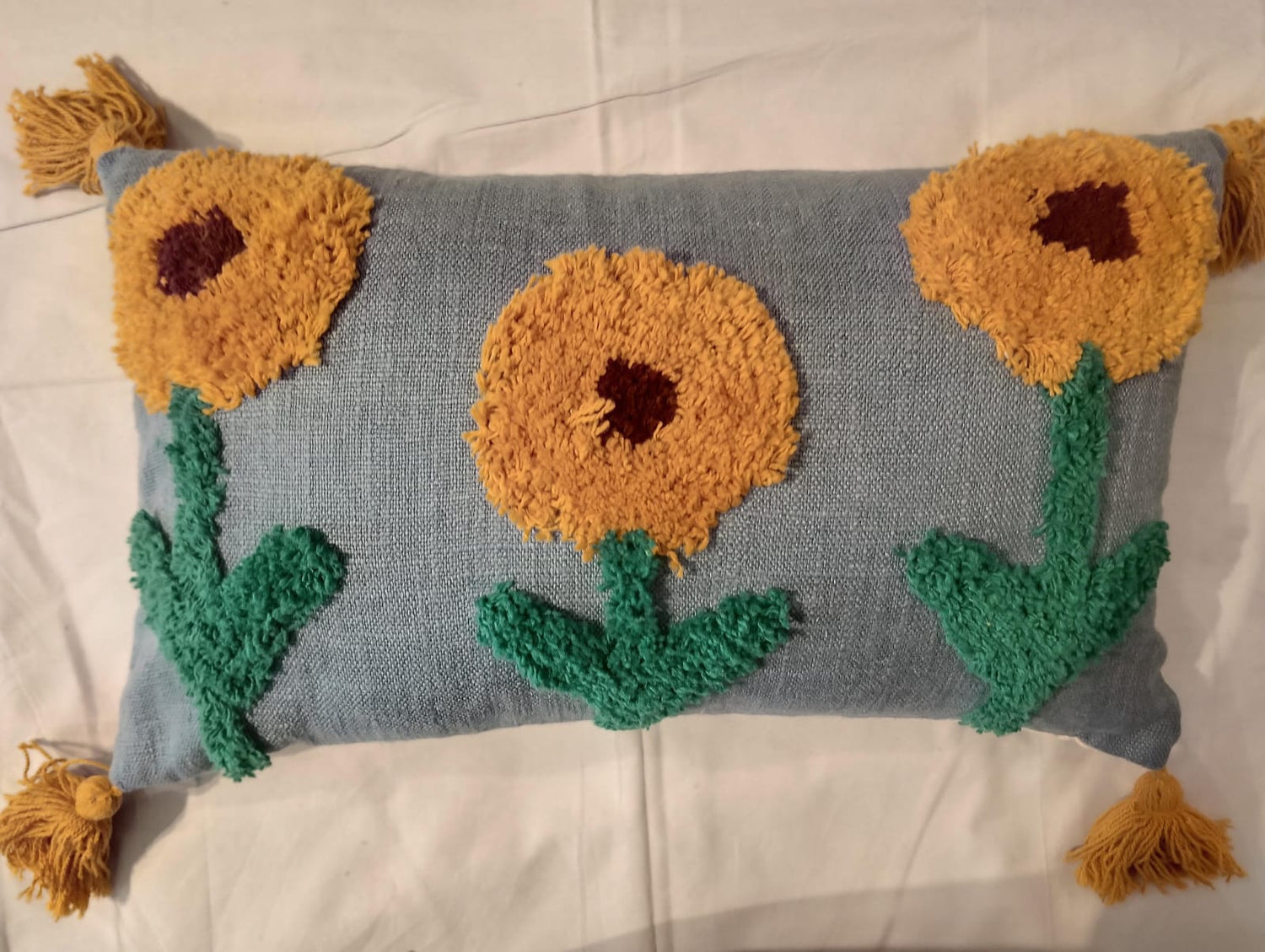 Sunflower Bliss Tufted Denim Cushion Cover