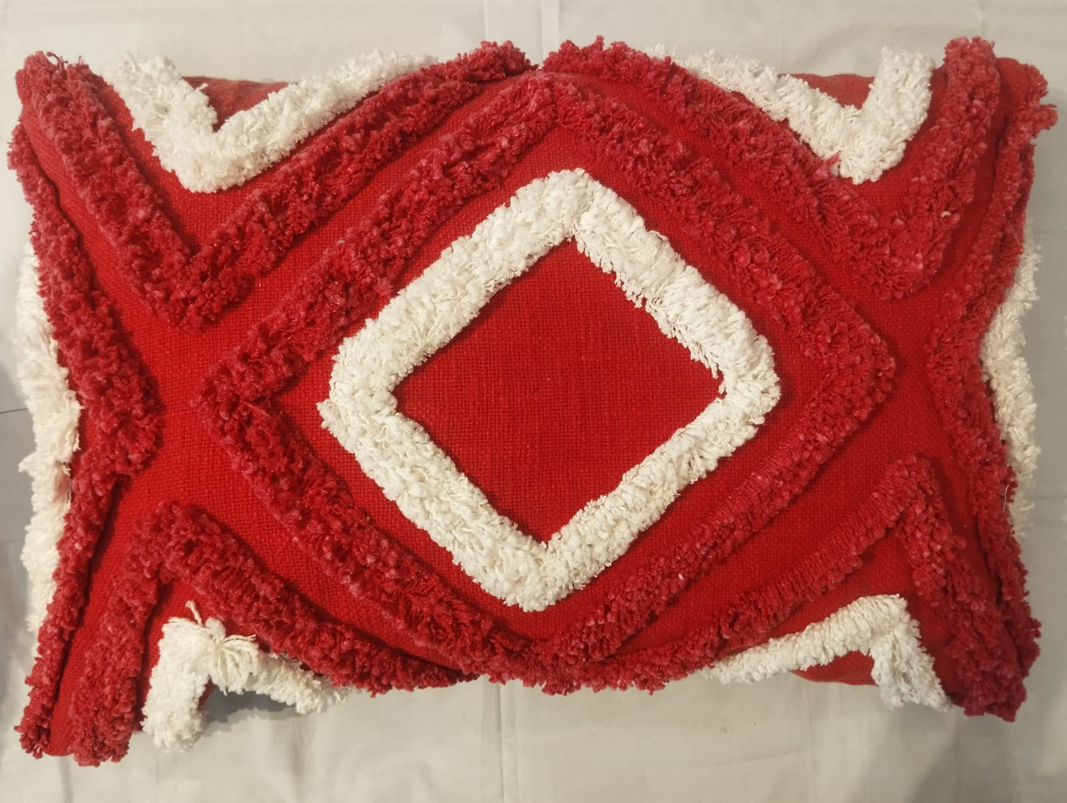 Red & White Tufted Diamond Cushion Cover