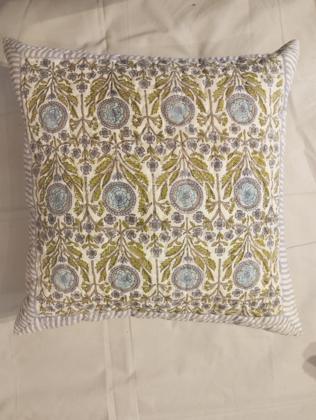 Floral Elegance: Hand‑blocked Blue & Green Botanical Cushion Cover