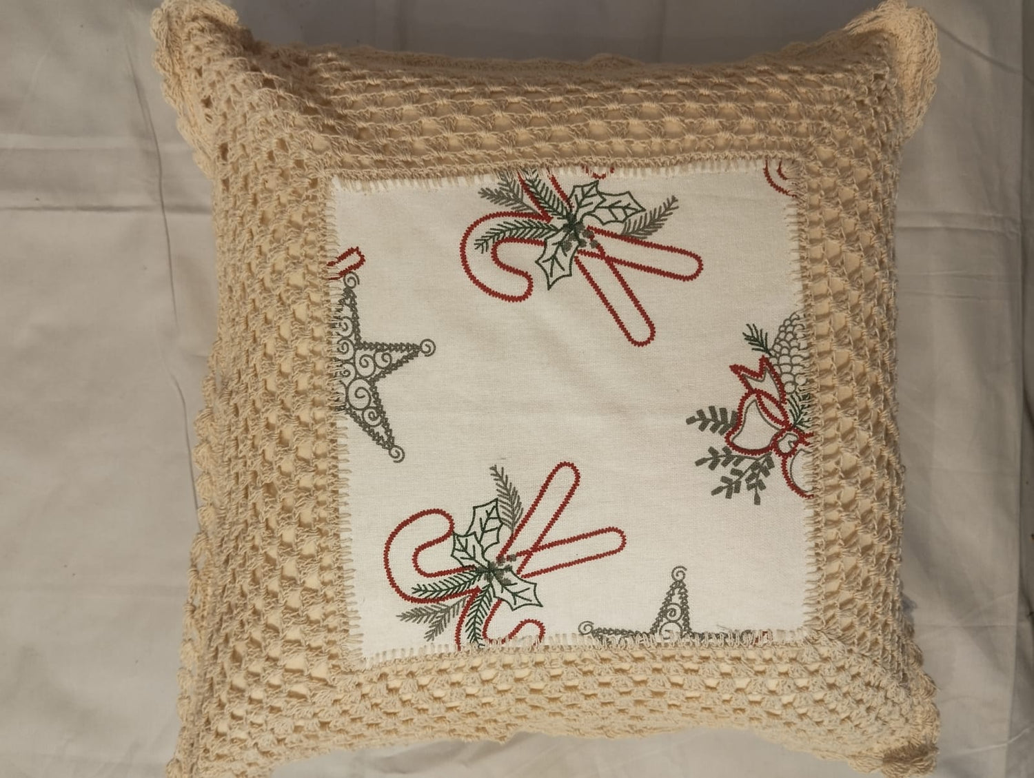 Christmas Candy‑Cane & Star Embroidered Cushion Cover with Beige Crocheted Border