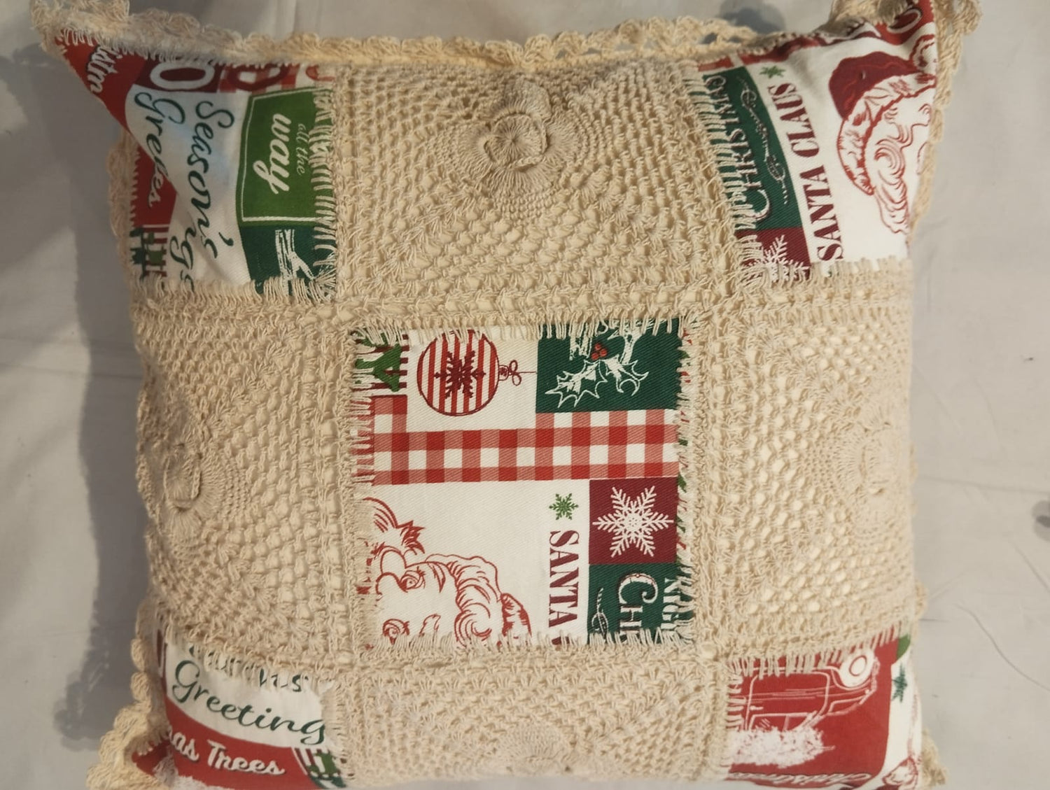 Festive Patchwork Christmas Cushion Cover with Santa & Tree Motifs