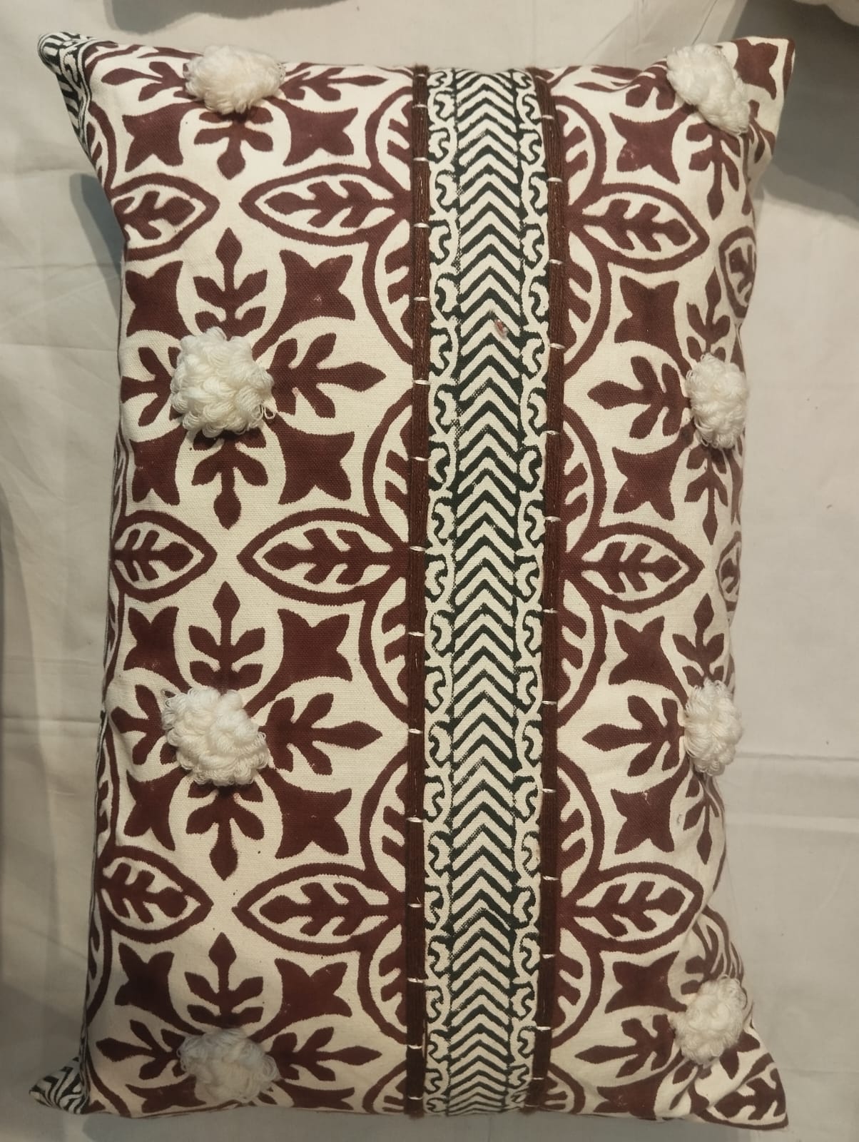 Brown & White Floral Medallion Pom‑Pom Cushion Cover