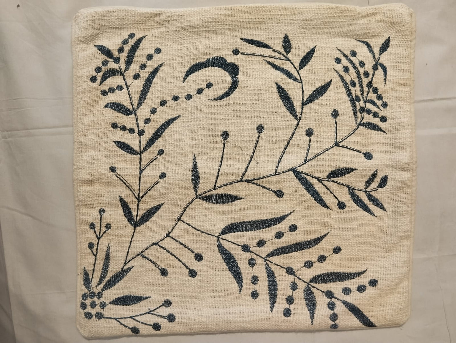 Rustic Jute Cushion Cover with Black Floral Leaf Print
