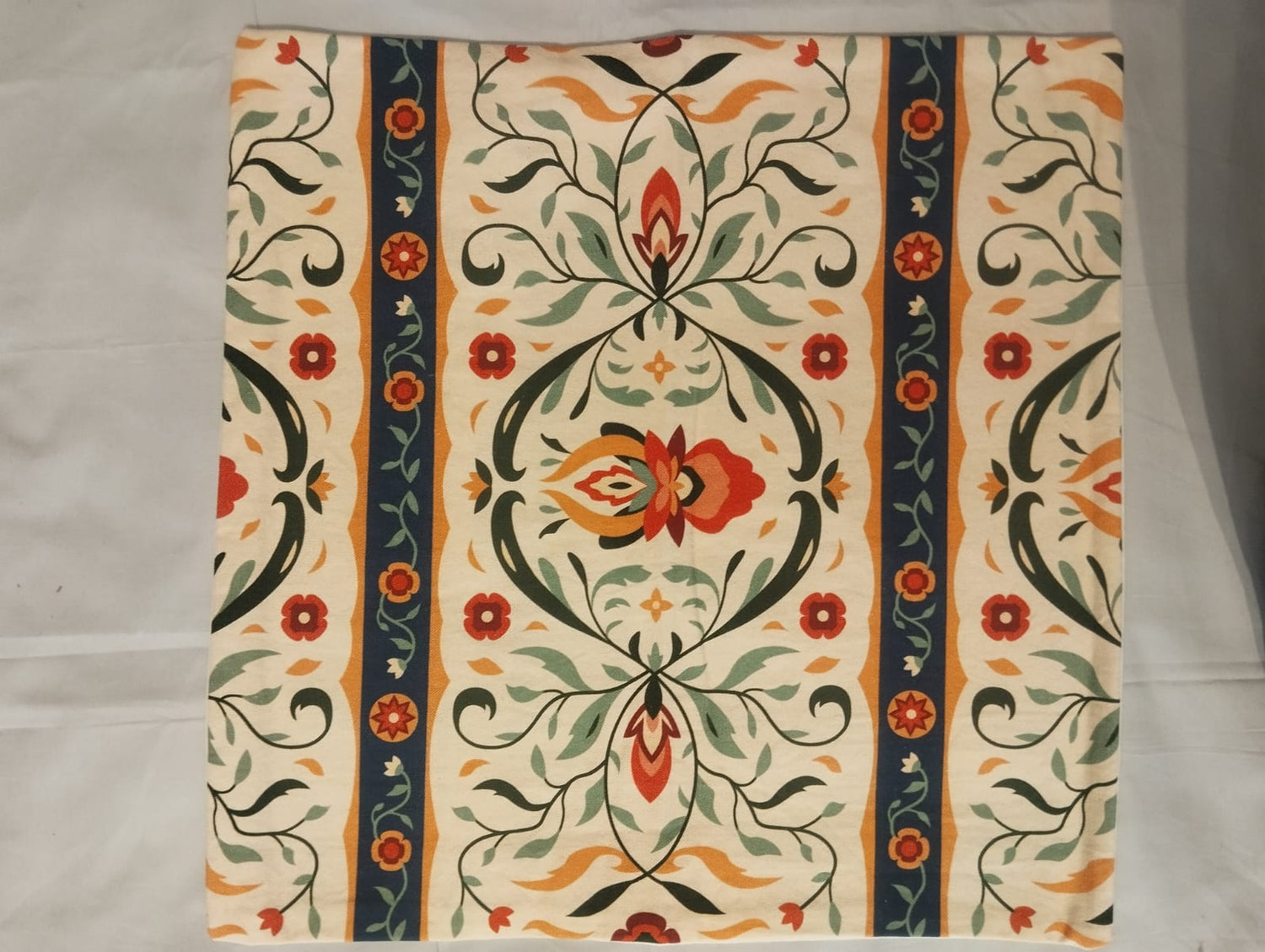 Vibrant Floral Tapestry Cushion Cover with Red & Orange Blooms on Cream Base