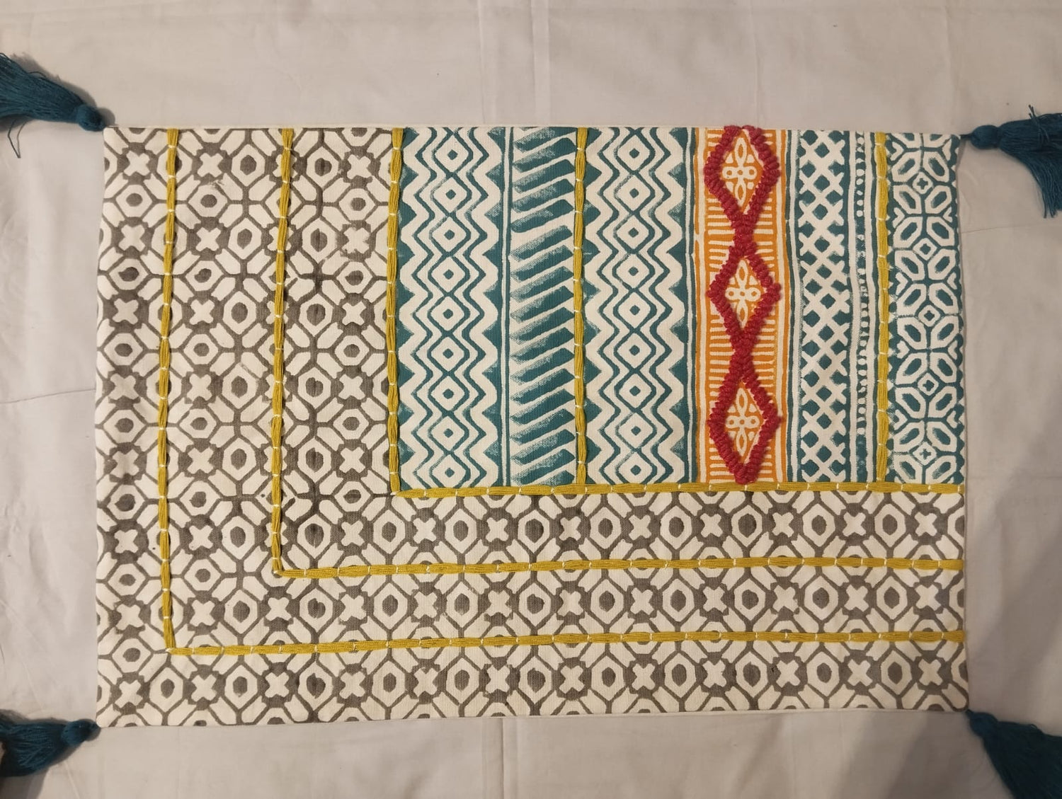 Patchwork Lattice & Teal‑Stripe Cushion Cover