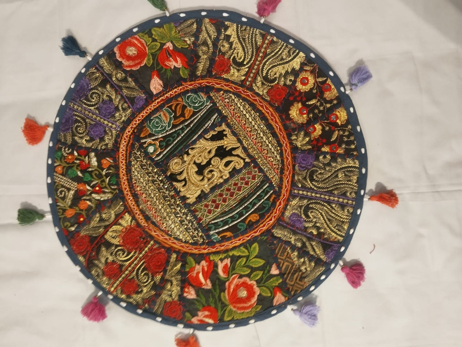Jaipur Royal Embroidered Floral Cushion Cover with Gold Zari & Multicolored Tassels