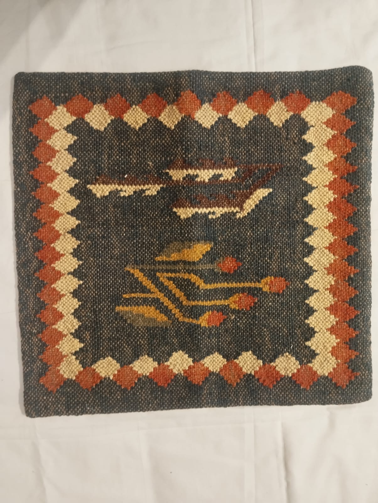 Kilim Tribal Handwoven Cushion Cover with Geometric Border & Central Motif