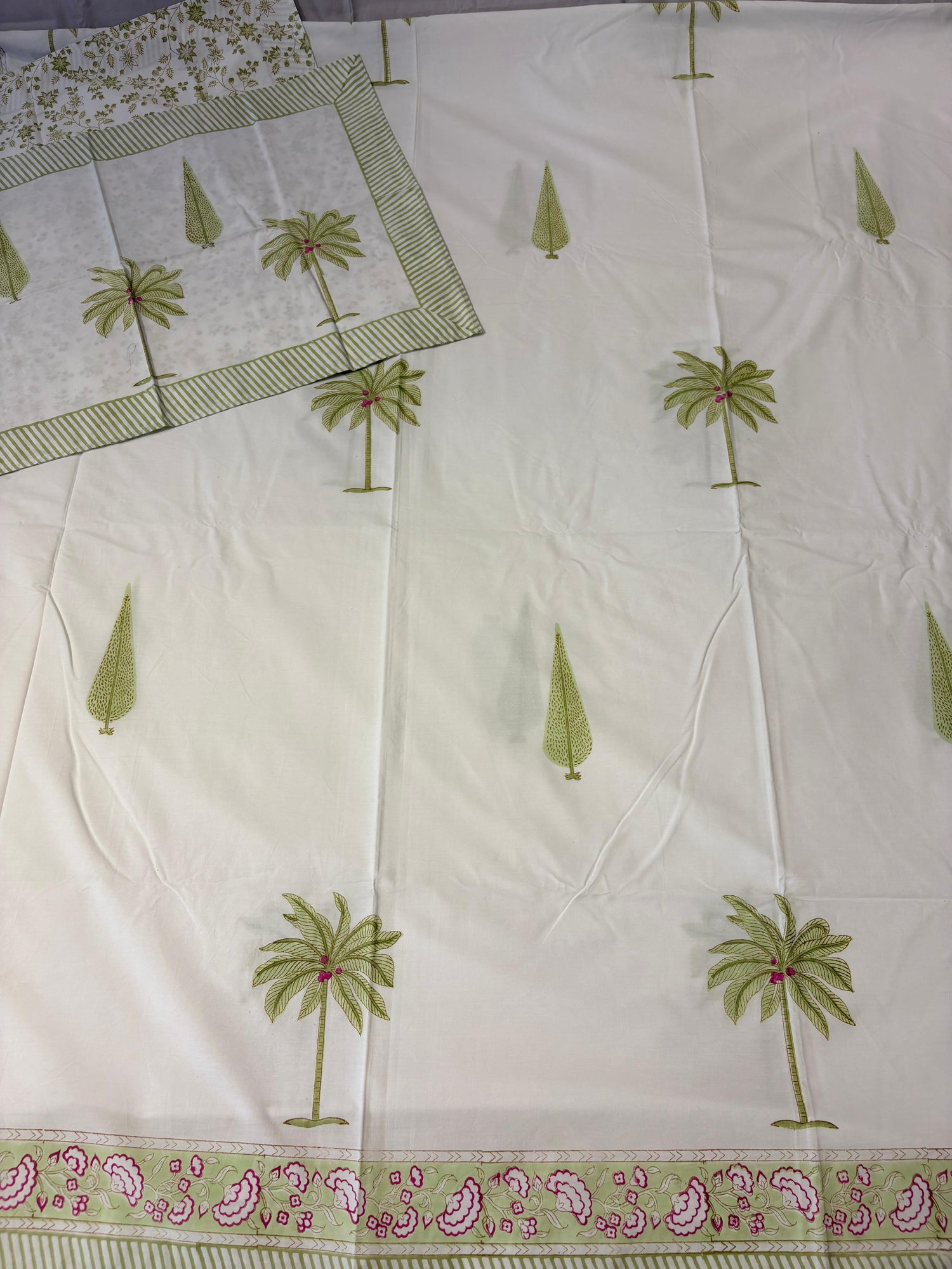Green Palm Garden Hand Block Print Cotton Bedsheet