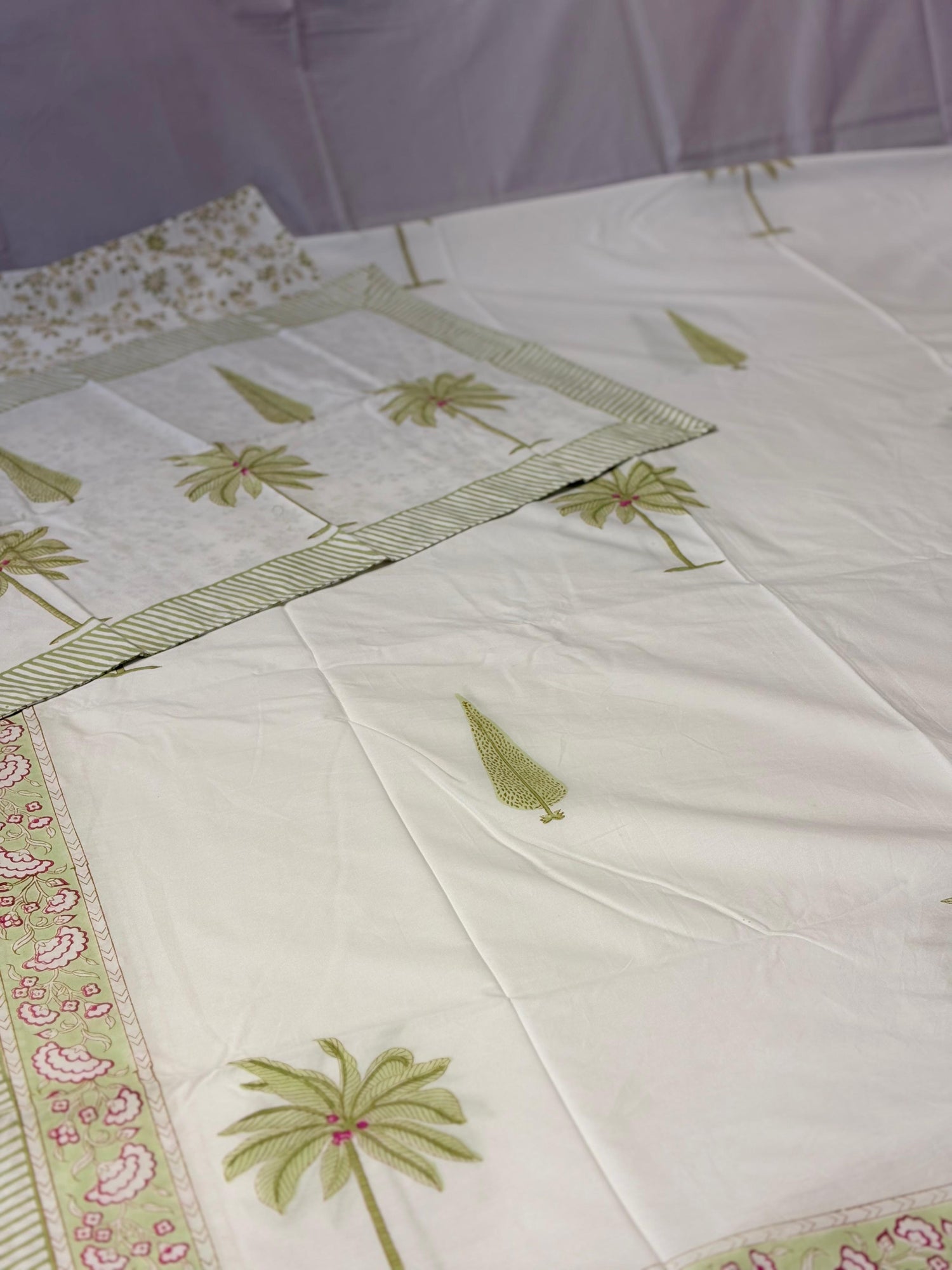 Green Palm Garden Hand Block Print Cotton Bedsheet