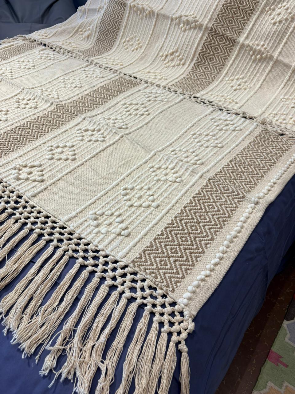 Boho‑Style Beige & Taupe Striped Woven Sofa Throw with Diamond Pattern & Fringe Accent