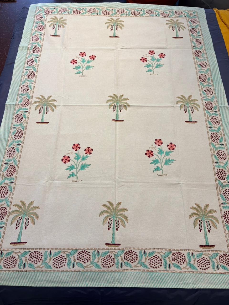 Hand‑blocked Palm & Floral Linen Table Cover