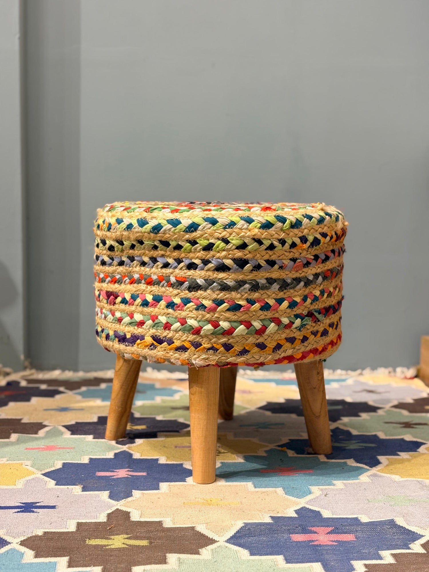 Handwoven Multicolor Jute Ottoman Stool with Wooden Legs
