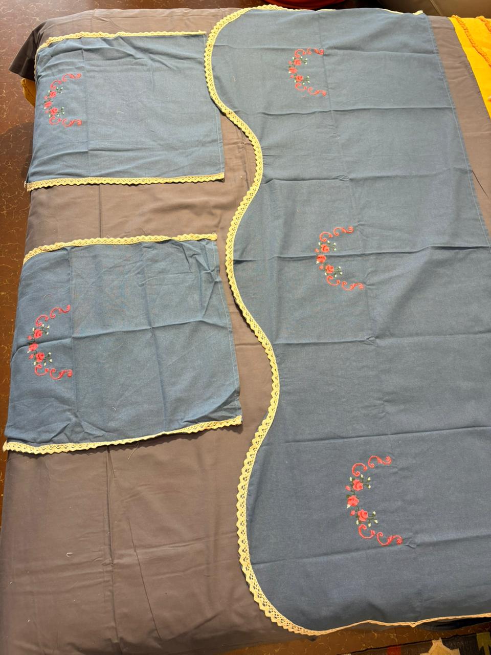 Blue Embroidered Rose Sofa Cover with Yellow Lace Trim