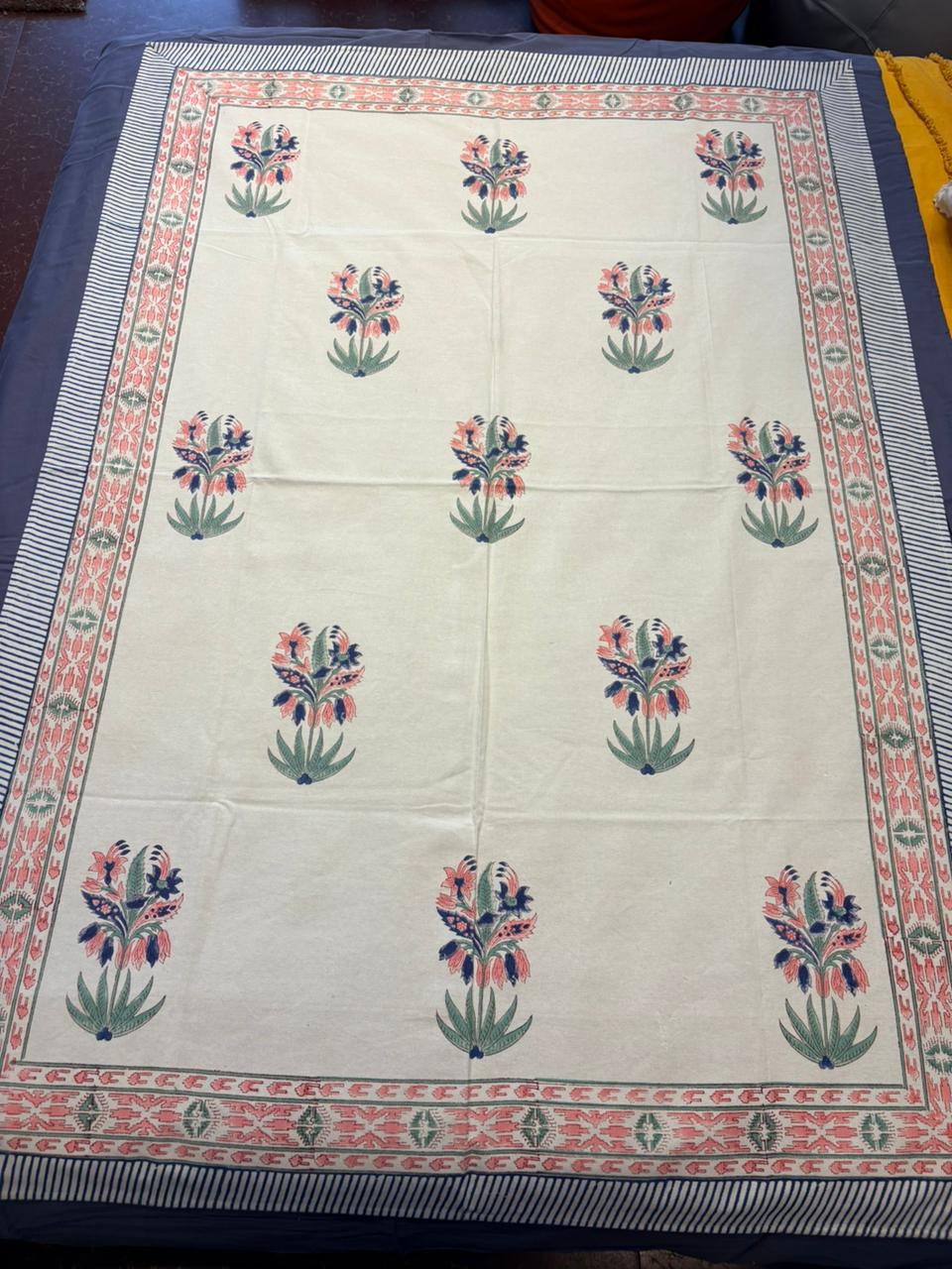 Hand‑Block Printed Palm & Floral Border Table Cover