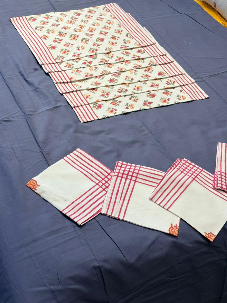 Elegant Floral & Red‑Striped Hand‑Block Printed Cotton Napkin Set