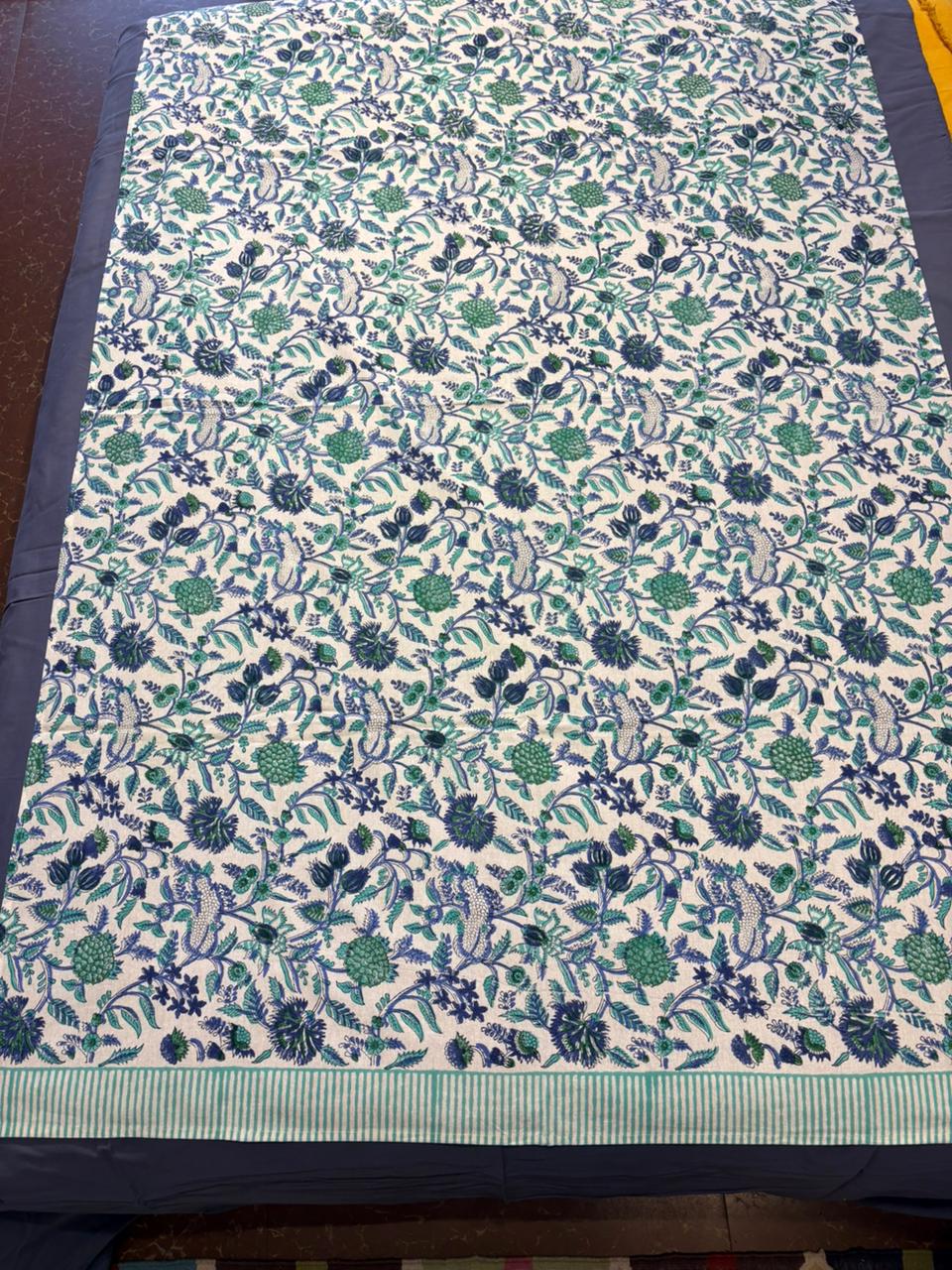 Blue‑Green Floral Hand‑Block Printed Table Cover with Striped Border
