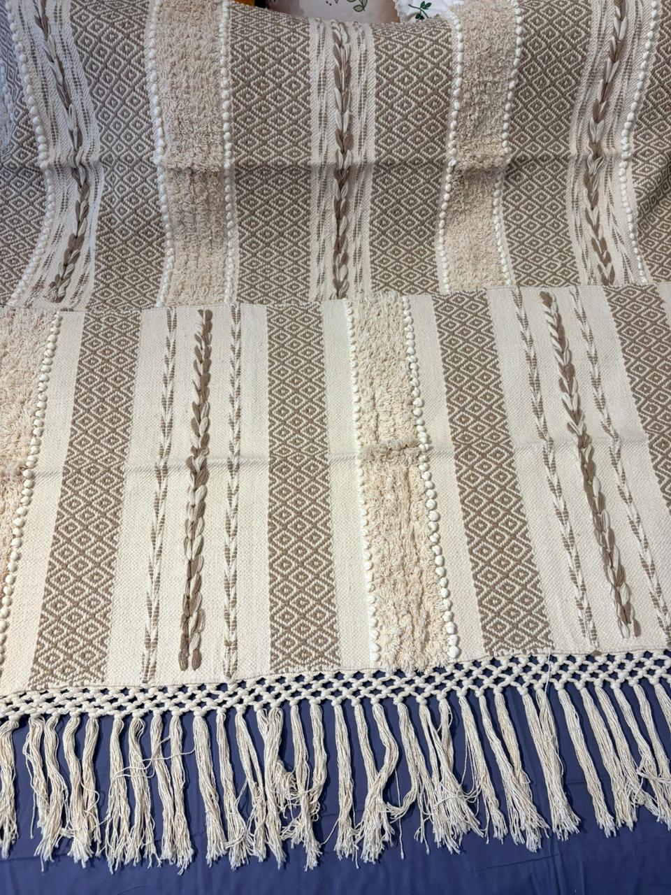 Boho‑Chic Cream Weave Sofa Geometric Tassel Fringe