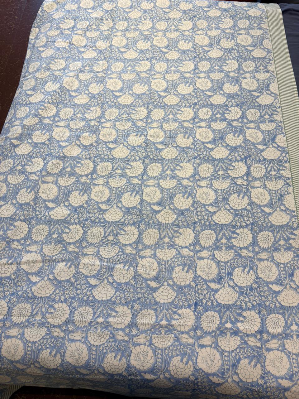 Blue‑White Floral Block‑Printed Cotton Table Cover