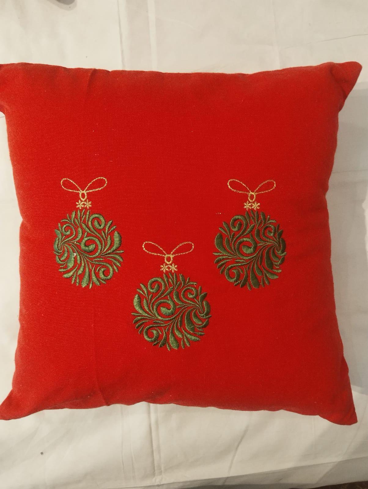 Red Velvet Christmas Bauble Embroidered Cushion Cover
