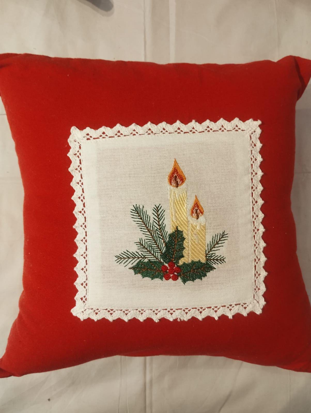 Red Velvet Christmas Candle Embroidered Pillow Cover