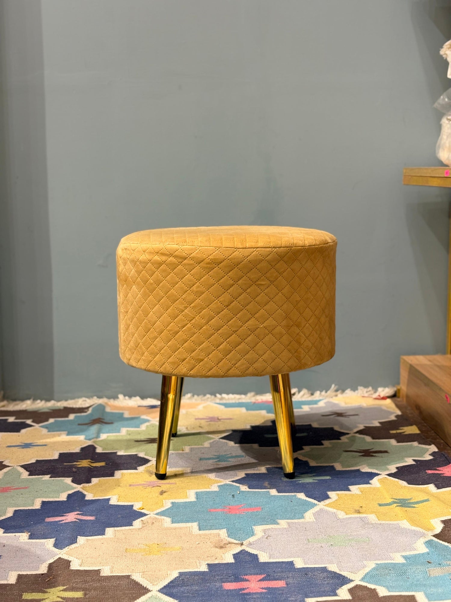 Golden Quilted Velvet Ottoman Stool with Metal Legs