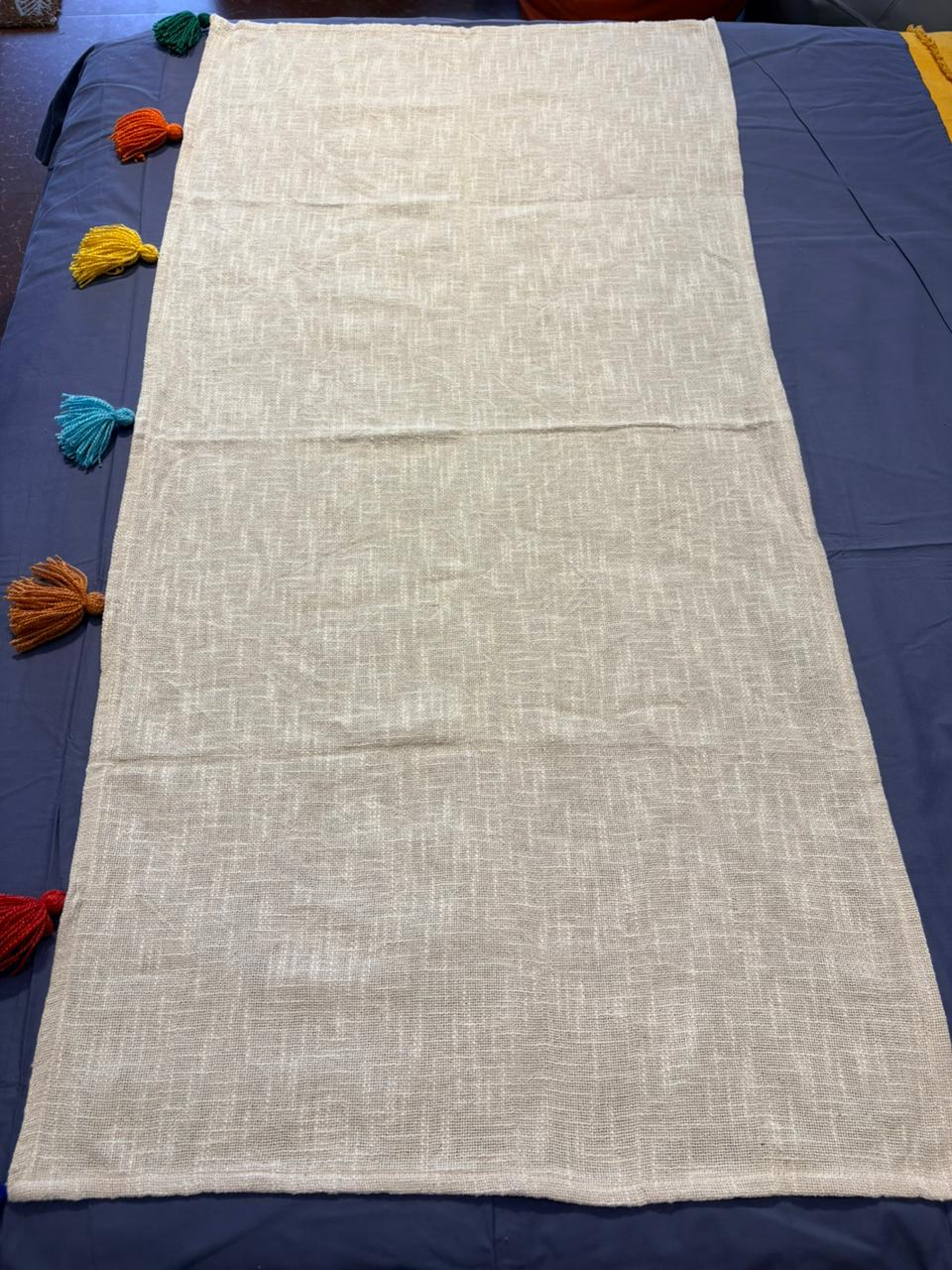 Beige Linen Sofa Throw with Multicolour Tassel Accents