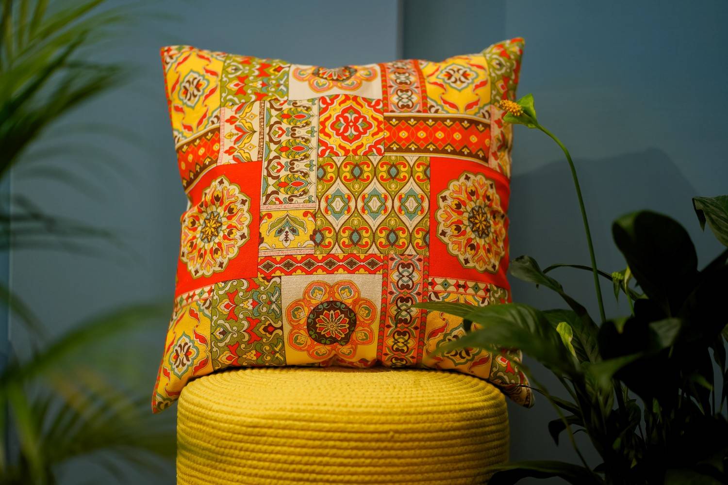 Multicolor Patch Digital Printed 100% Cotton Canvas Cushion Cover