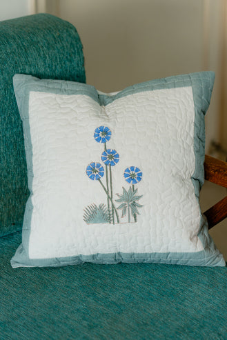 Blue Floral Quilted Cushion Cover-handcrafted-premium-fabric-bohemian-style